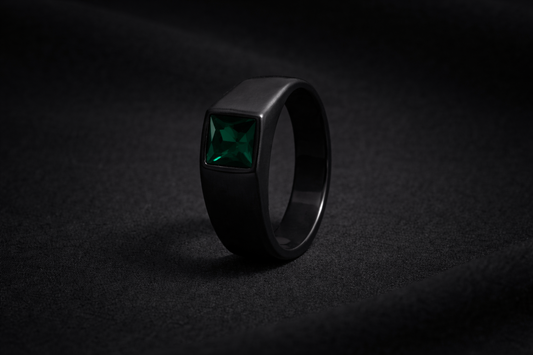 Black Square Cut Green Stone Ring
