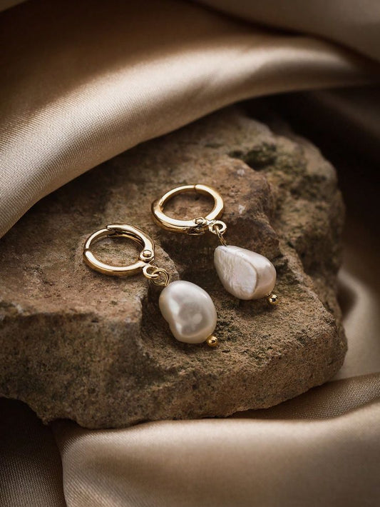 Asymmetrical Baroque Pearl Gold Hoop Earrings