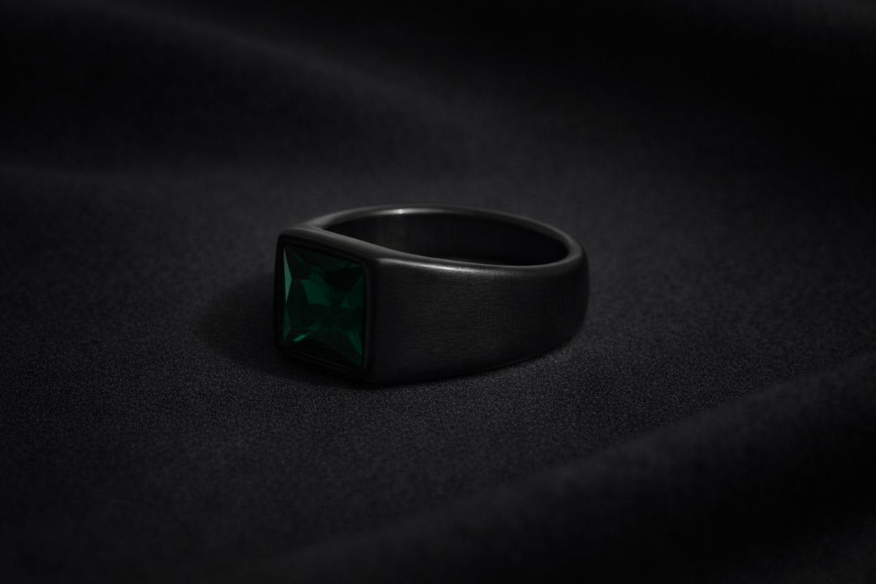 Black Square Cut Green Stone Ring