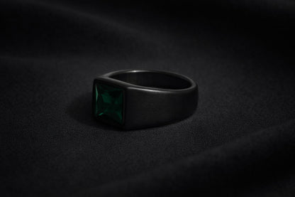 Black Square Cut Green Stone Ring