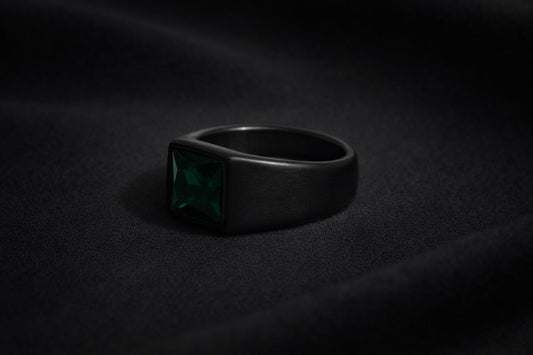 Black Square Cut Green Stone Ring